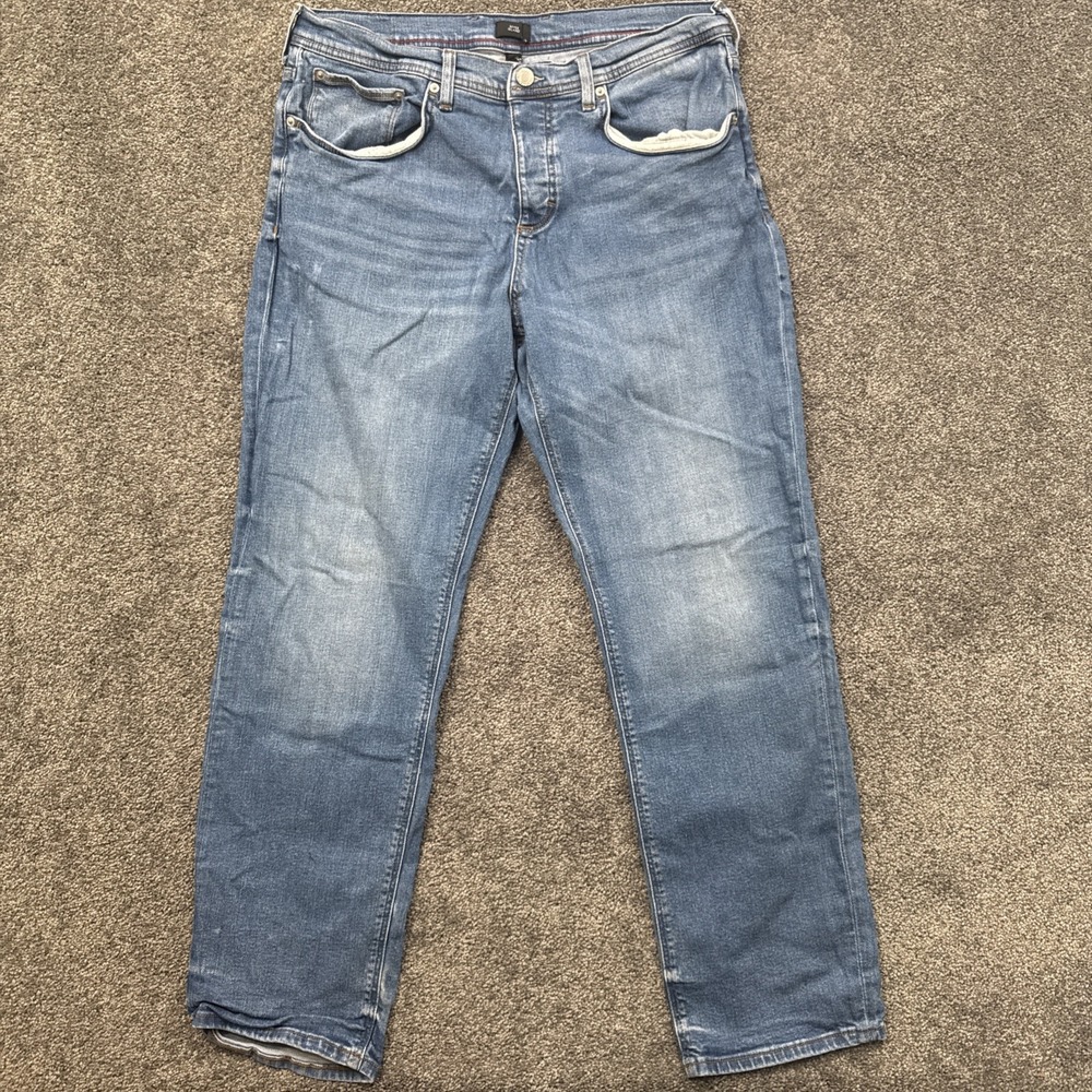 Mens 36x32 River Island Jeans Blue Denim Straight Leg Pants Medium Wash Pockets